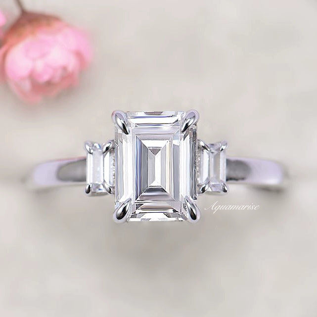 Emerald Cut Moissanite Engagement Ring- 14K White Gold