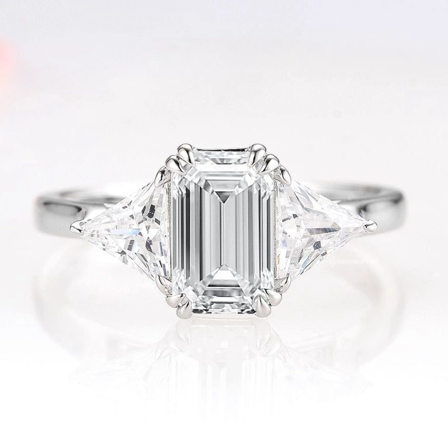 3 stone Moissanite Engagement Ring- 14K White Gold Emerald & Trillion Cut Moissanite Ring