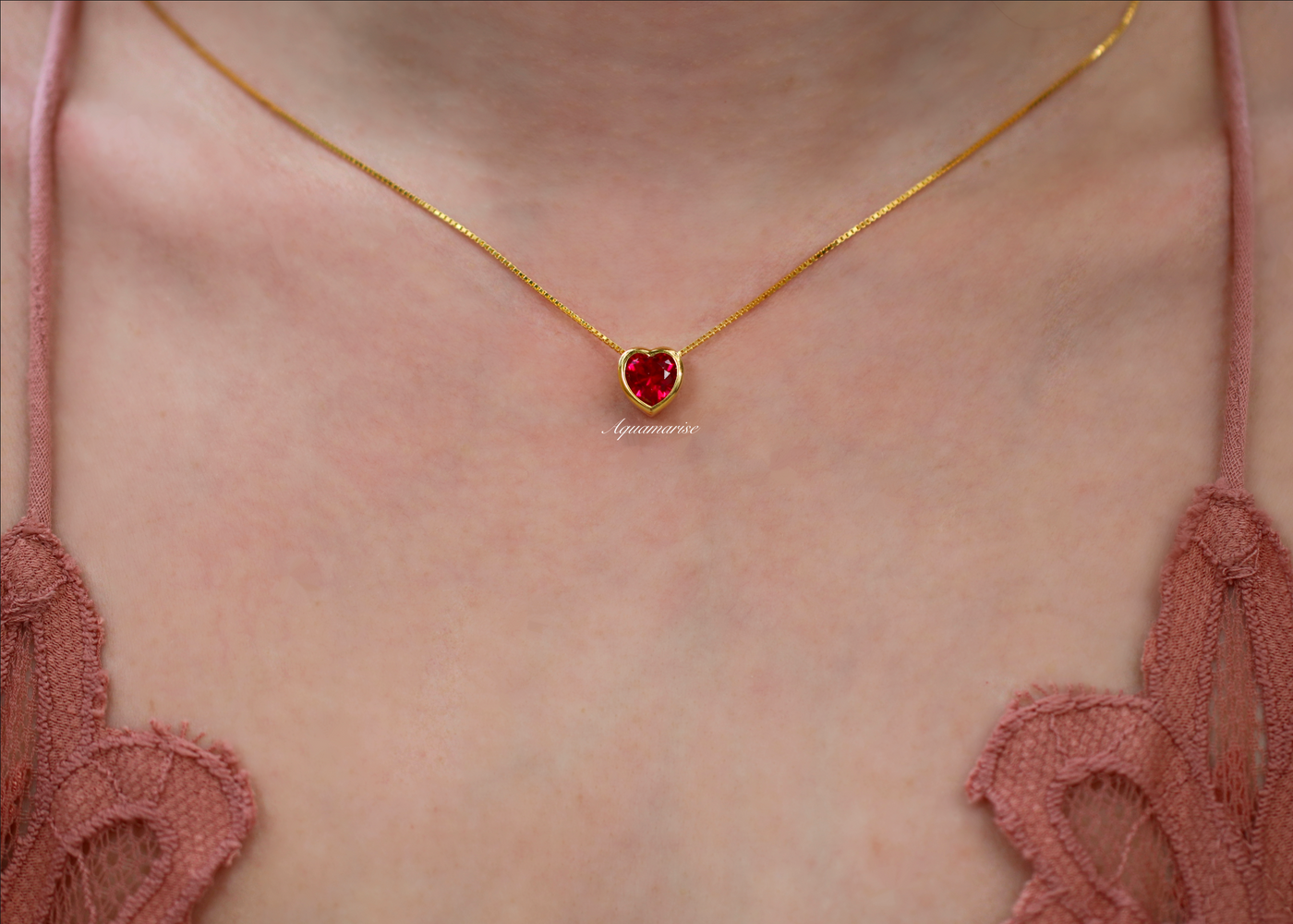 Heart Ruby Necklace- 14K Yellow Gold Vermeil