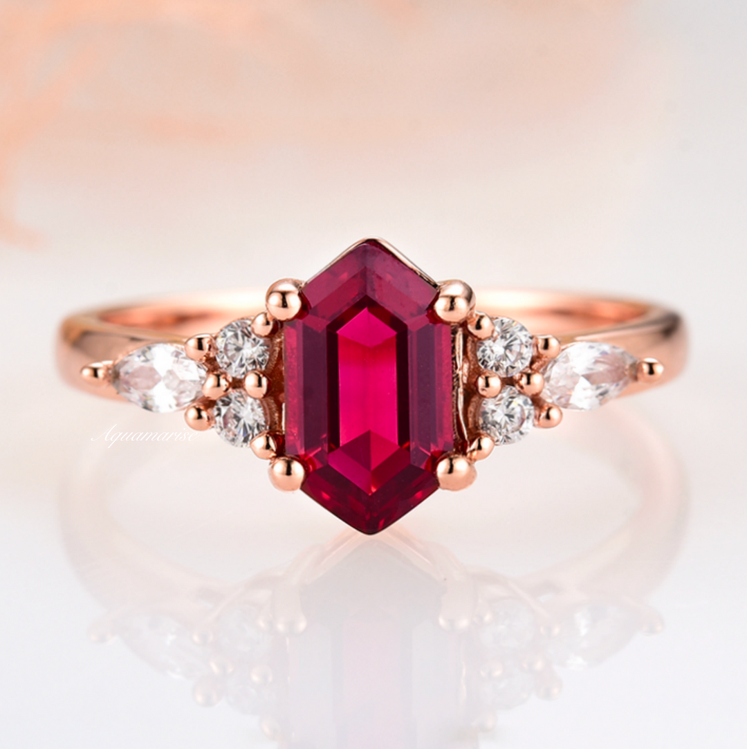 Sonnet Hexagon Ruby Ring- 14K Rose Gold Vermeil