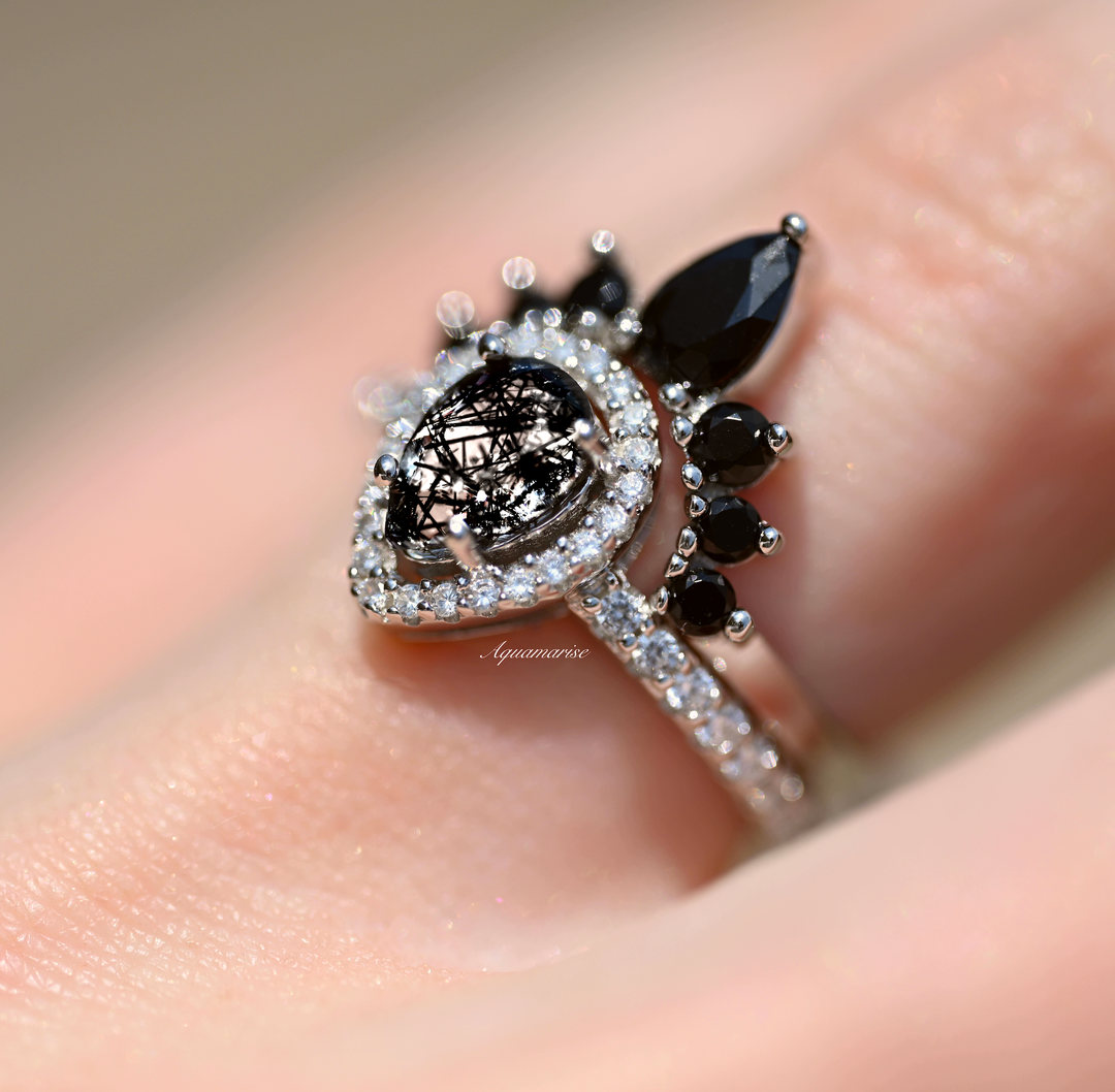 Amy Rutilated Quartz & Black Diamond (Onyx) Ring Set- 925 Sterling Silver