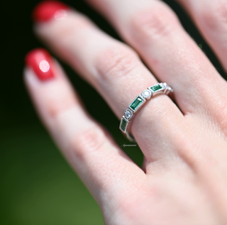 Ari Art Deco Emerald Wedding Band- Sterling Silver