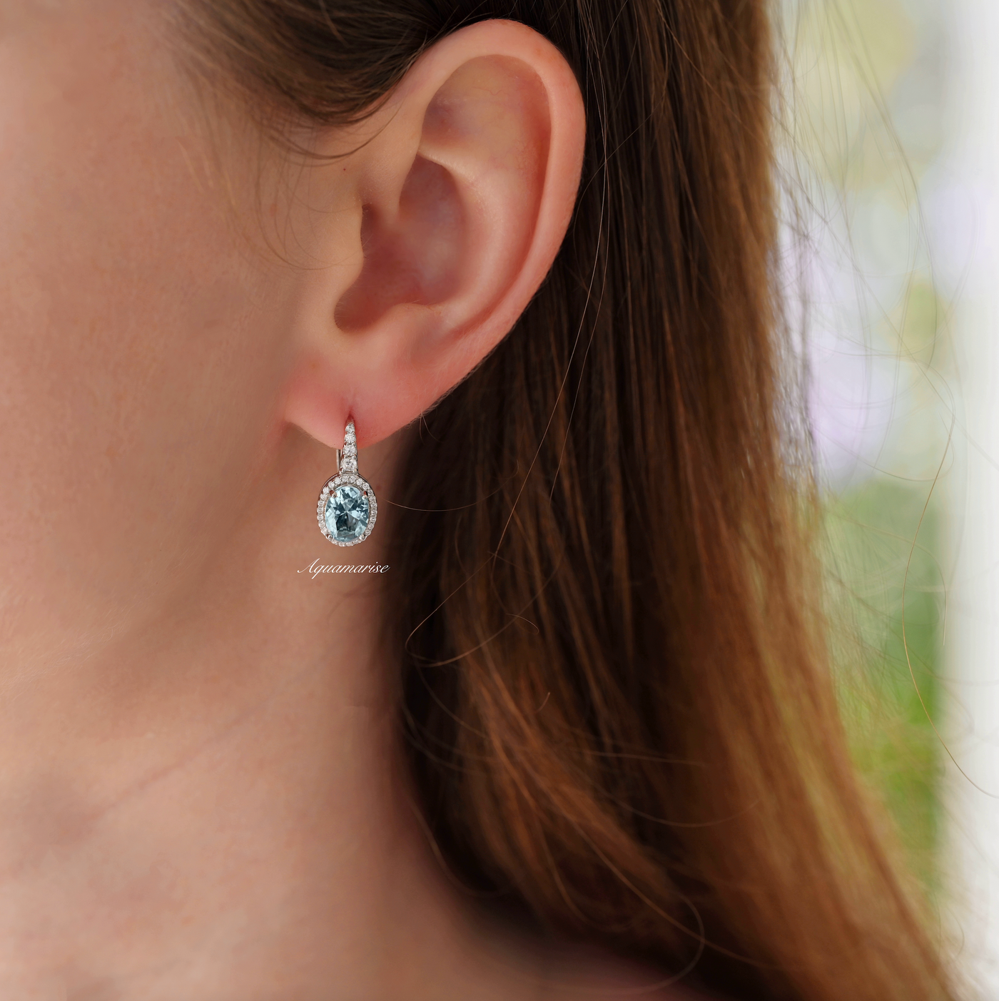 Aquamarine Earrings- Sterling Silver Dangle Drop Oval Halo Earrings