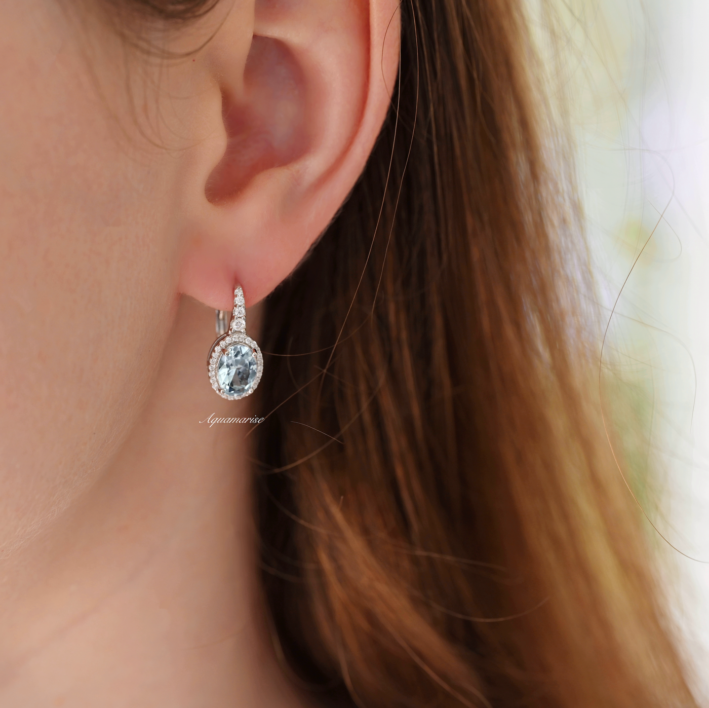 Aquamarine Earrings- Sterling Silver Dangle Drop Oval Halo Earrings