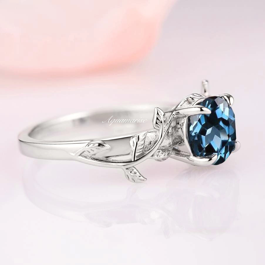 Natural London Blue Topaz Leaf Ring- Sterling Silver