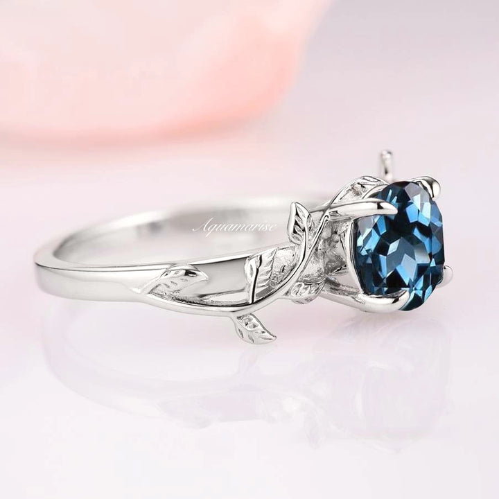 London Blue Topaz Leaf Ring- 14K White Gold