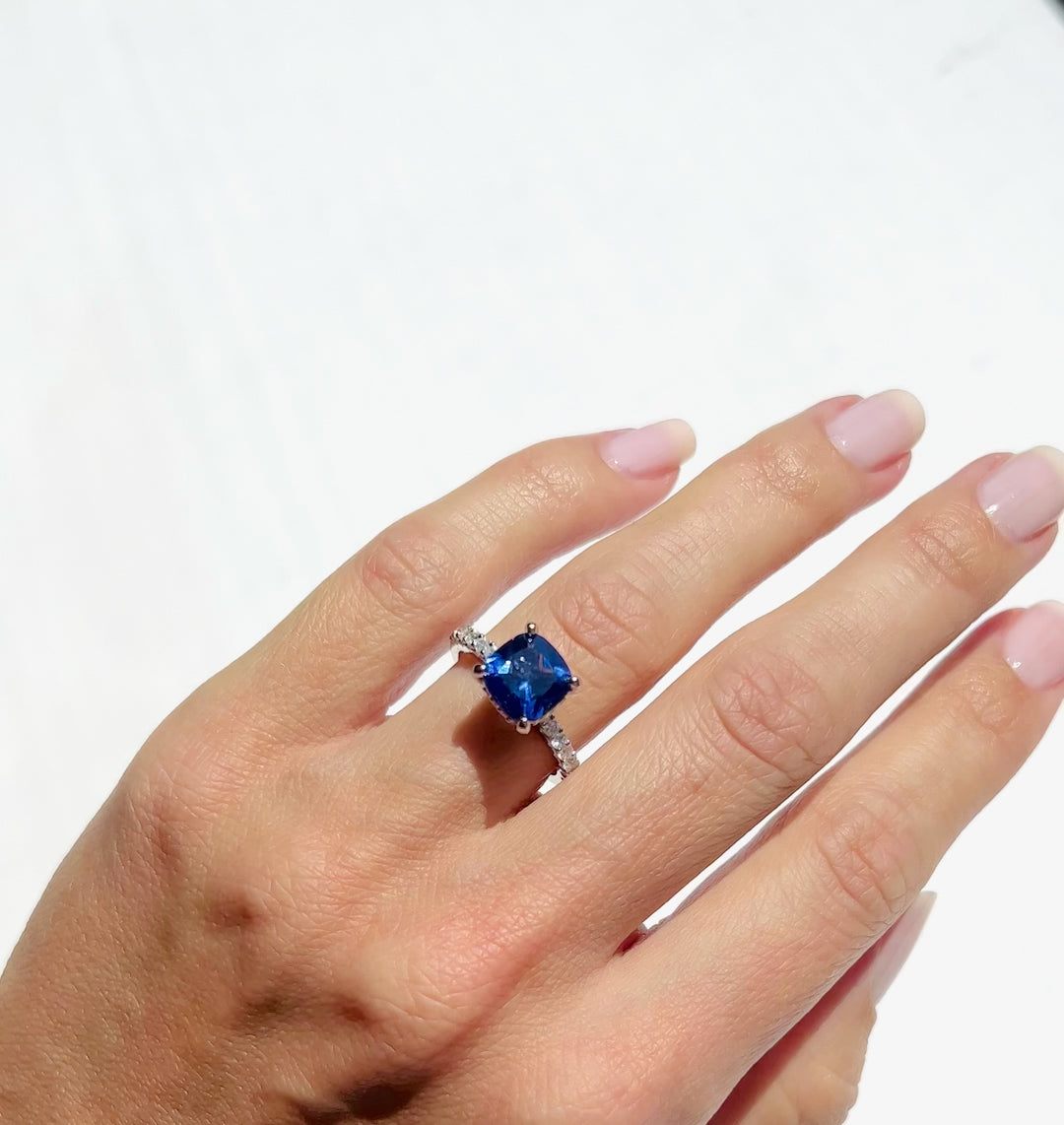 Cushion Hidden Halo Tanzanite Ring- Sterling Silver