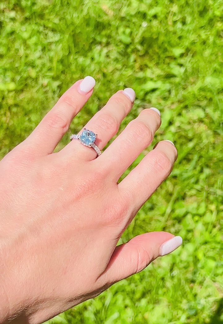 Cushion Hidden Halo Aquamarine Ring- Sterling Silver