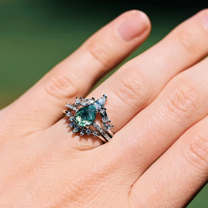 Natural Green Moss Agate 3pcs Ring Set- Sterling Silver