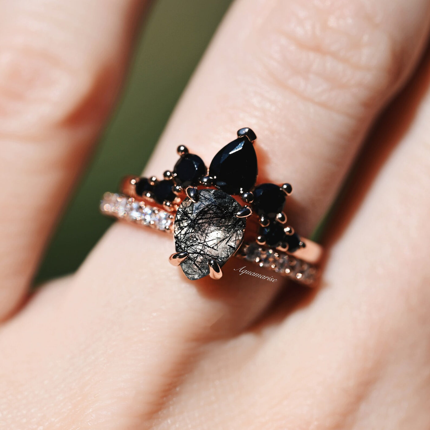 Rutilated Quartz & Black Diamond Engagement Ring Set For Women- Natural Rutilated Quartz Wedding Ring Set- 14K Rose Gold Vermeil