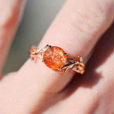 Natural Sunstone Leaf Ring- 14K Rose Gold Vermeil- Round Orange Unique Gemstone Engagement Rings For Women