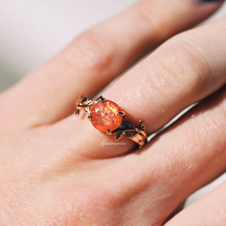 Natural Sunstone Leaf Ring- 14K Rose Gold Vermeil