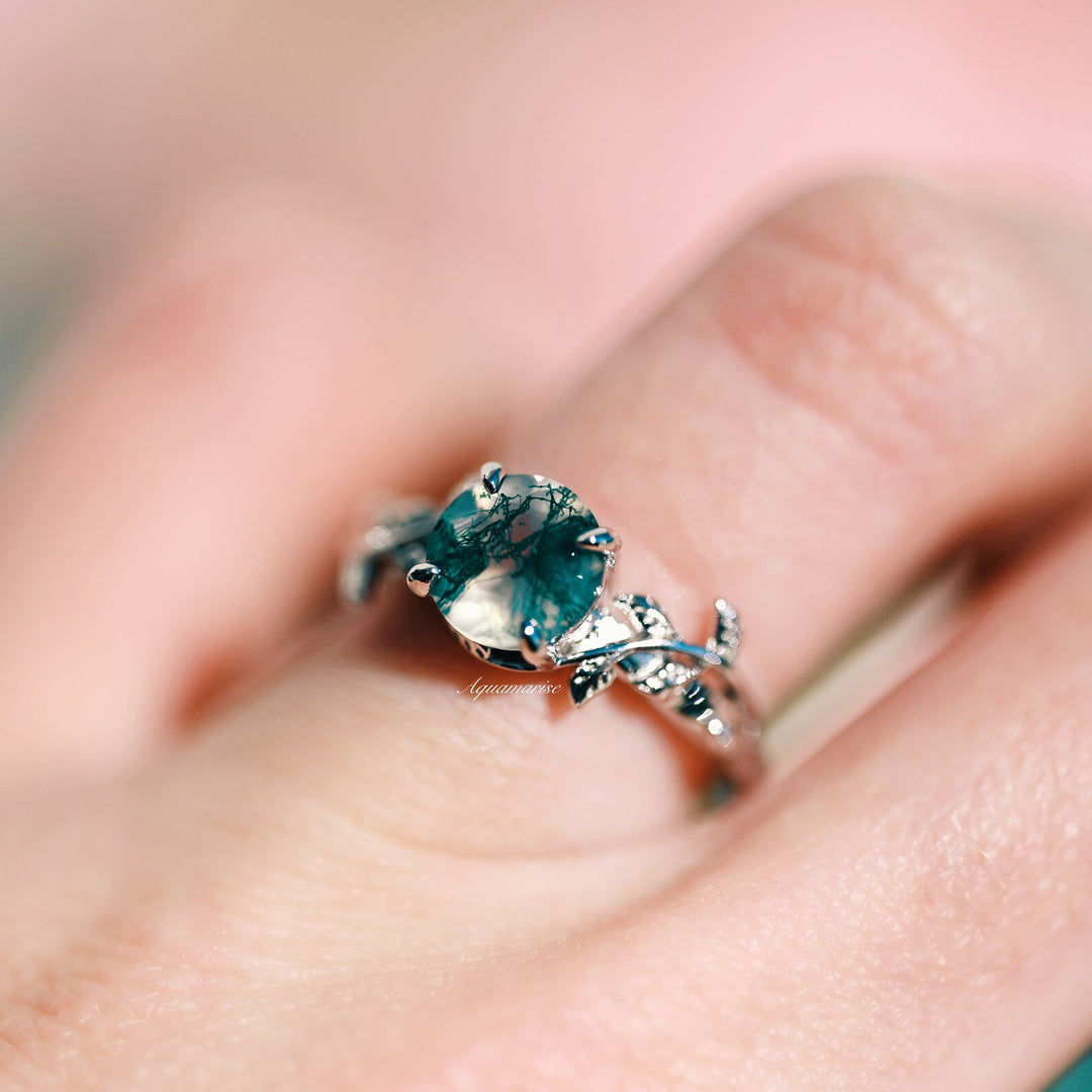 Natural Green Moss Agate Leaf Ring- Sterling Silver