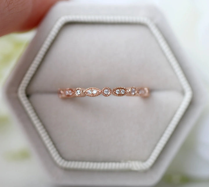 Luxe Vintage Diamond Wedding Band- 10K/ 14K/ 18K Solid Rose Gold