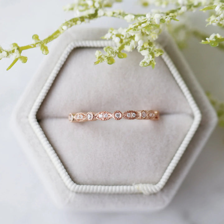 Luxe Vintage Diamond Wedding Band- 10K/ 14K/ 18K Solid Rose Gold