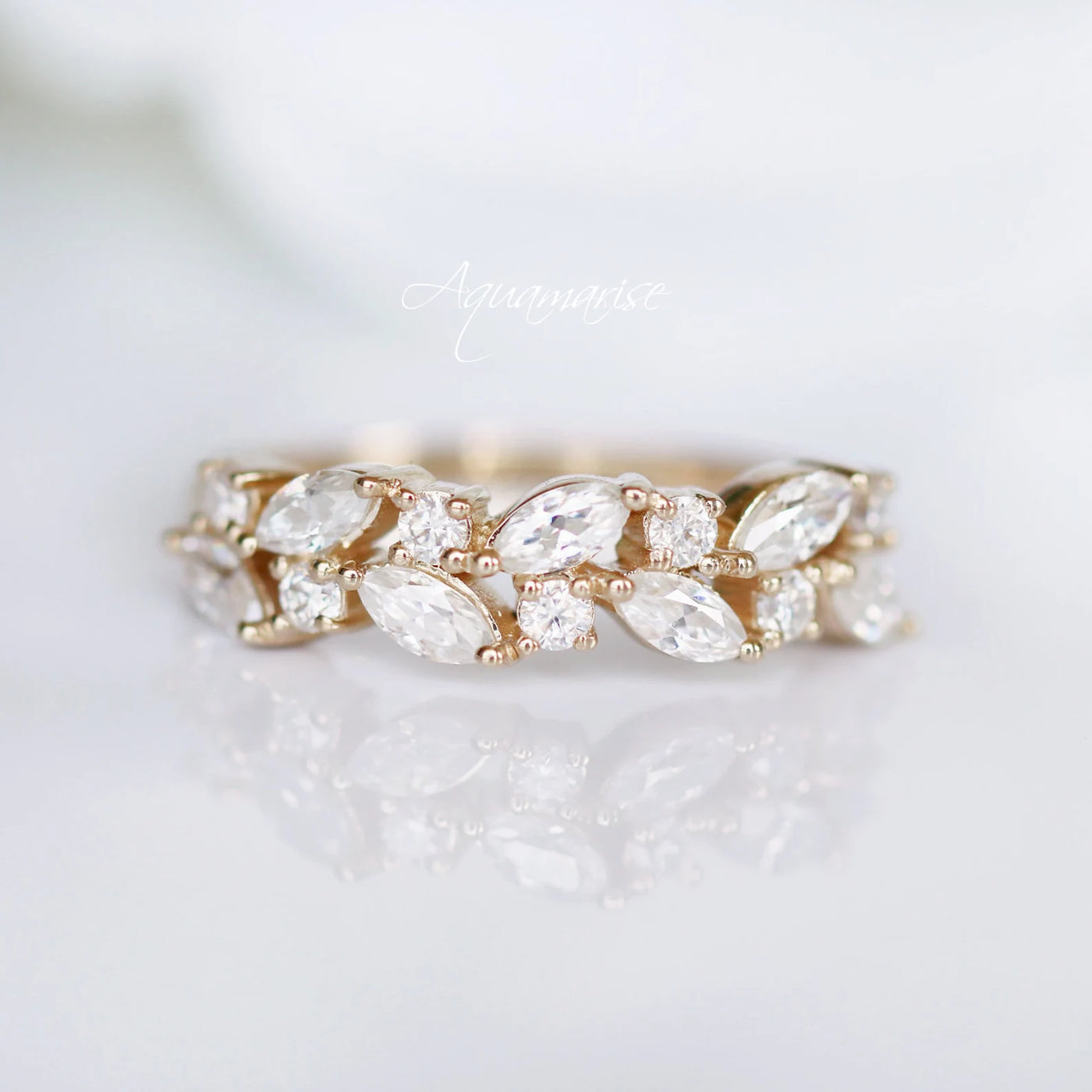 Vintage  Marquise Moissanite or Diamond Wedding Band - 14K Solid Yellow Gold