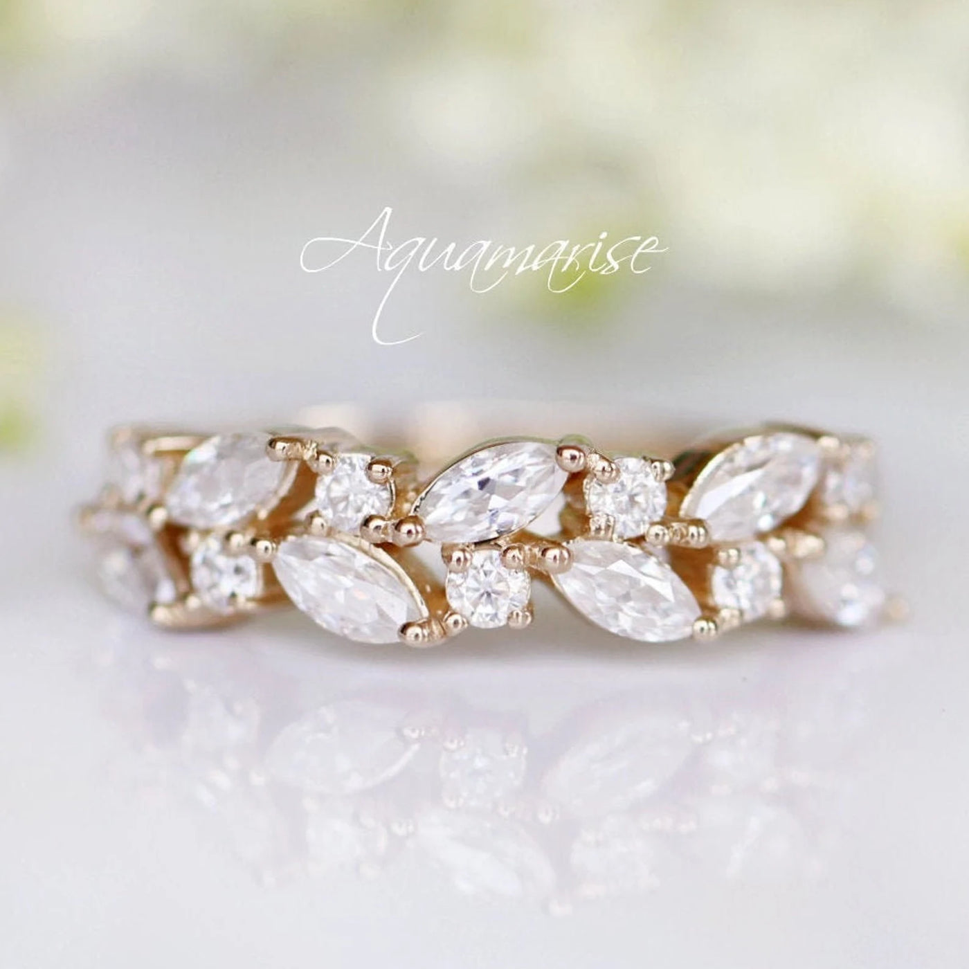 Vintage  Marquise Moissanite or Diamond Wedding Band - 14K Solid Yellow Gold