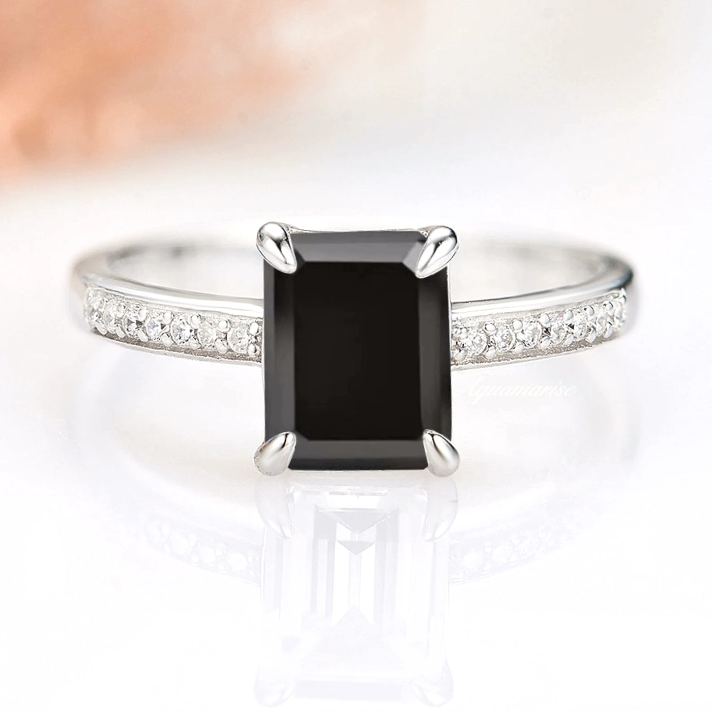 Ava Black Diamond Ring- Sterling Silver Ring- Black Onyx Engagement Ring