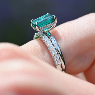 Emerald Cut Emerald Engagement Ring in Sterling Silver (Hidden Halo)