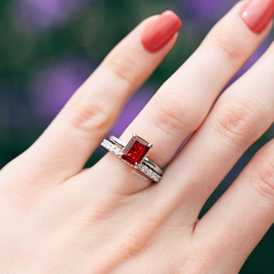 Raspberry Tourmaline Ring Set- Red Gemstone Bridal Engagement Rings