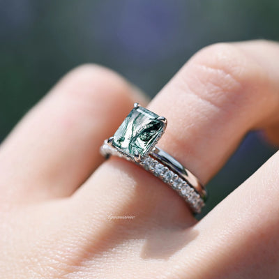 Natural Aquatic Green Moss Agate Engagement Ring Set- Sterling Silver Emerald Cut
