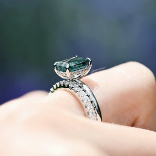 Emerald Cut Green Moss Agate Engagement Ring in Sterling Silver (Hidden Halo)