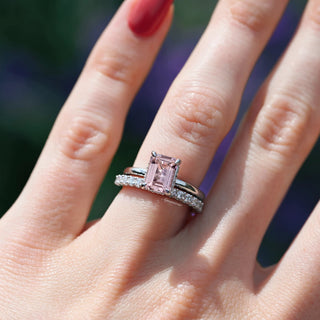 Emerald Cut Morganite Engagement Ring in Sterling Silver (Hidden Halo)