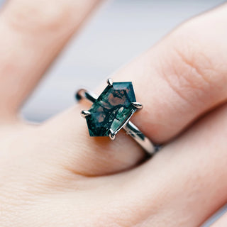 Hexagon Green Moss Agate Ring- Sterling Silver