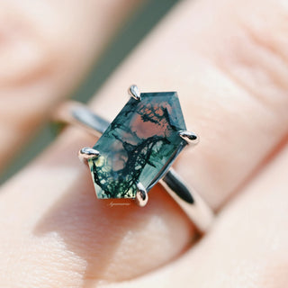 Hexagon Green Moss Agate Ring- Sterling Silver