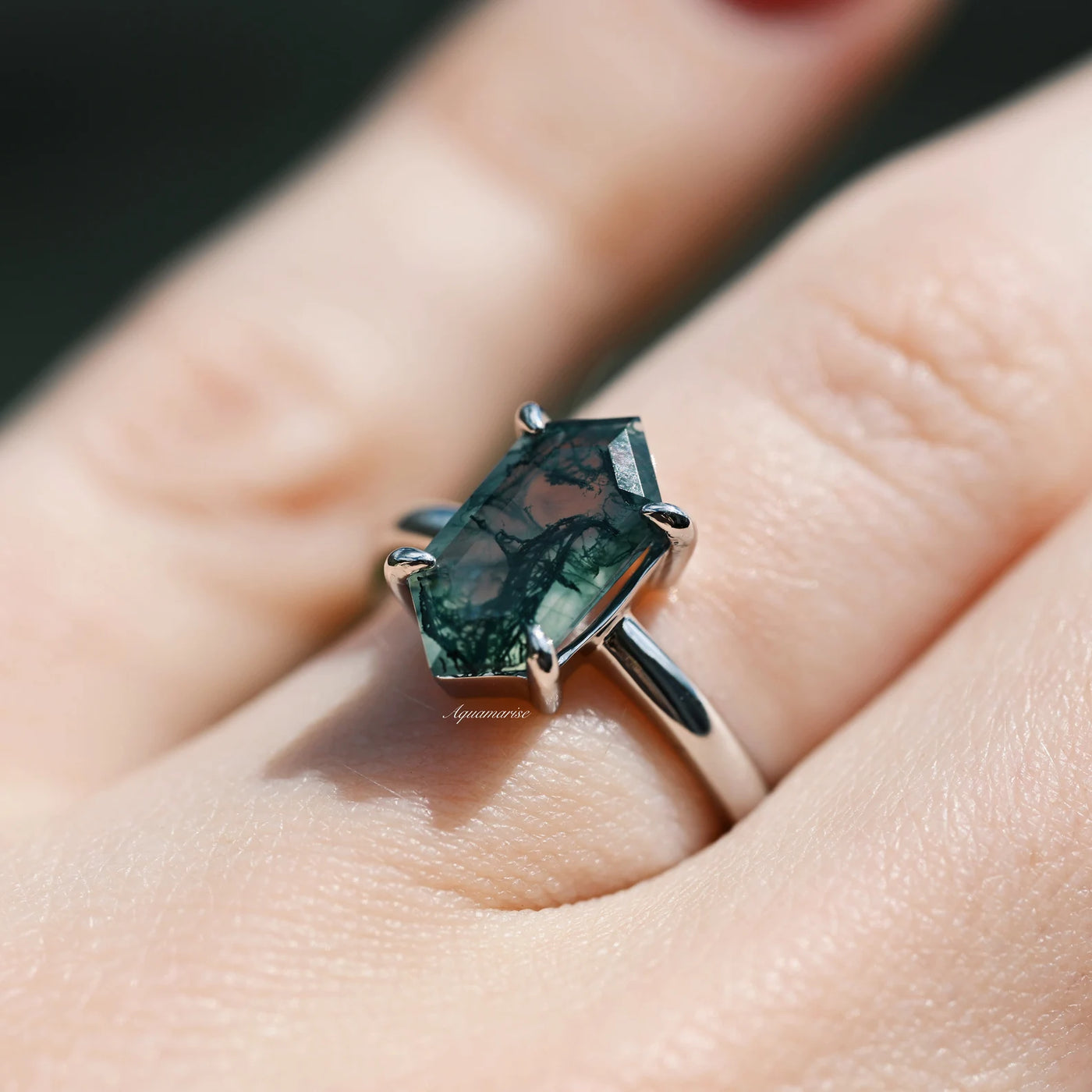 Hexagon Aquatic Natural Green Moss Agate Ring- Sterling Silver