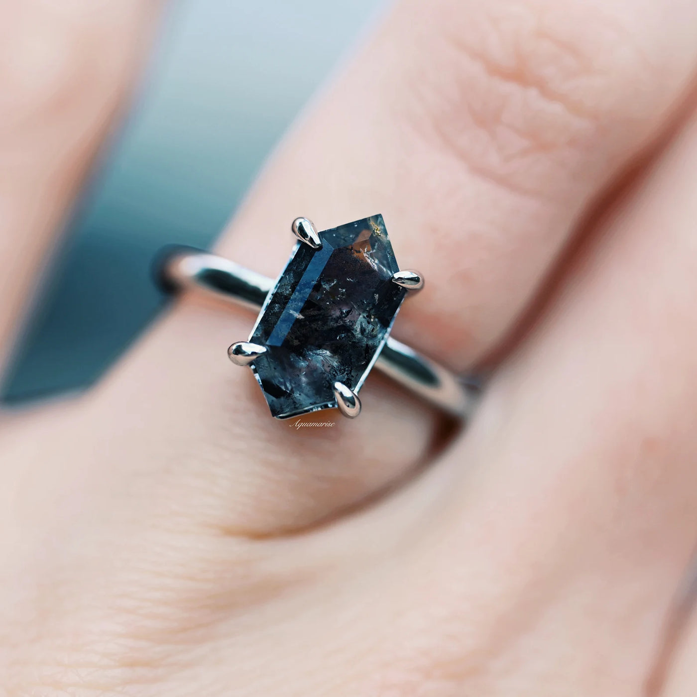 Galaxy Raw Salt and Pepper Diamond Ring- Hexagon Cut Diamond Engagement Rings- Unique Bridal Geometric Diamond Promise Ring