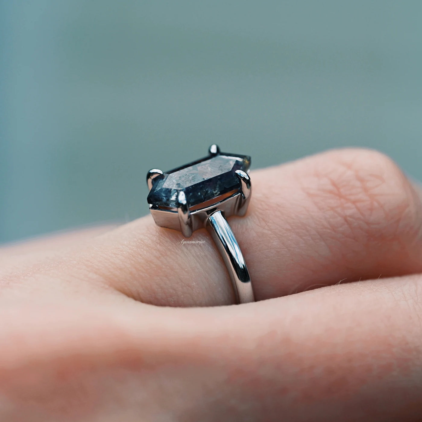 Galaxy Raw Salt and Pepper Diamond Ring- Hexagon Cut Diamond Engagement Rings- Unique Bridal Geometric Diamond Promise Ring