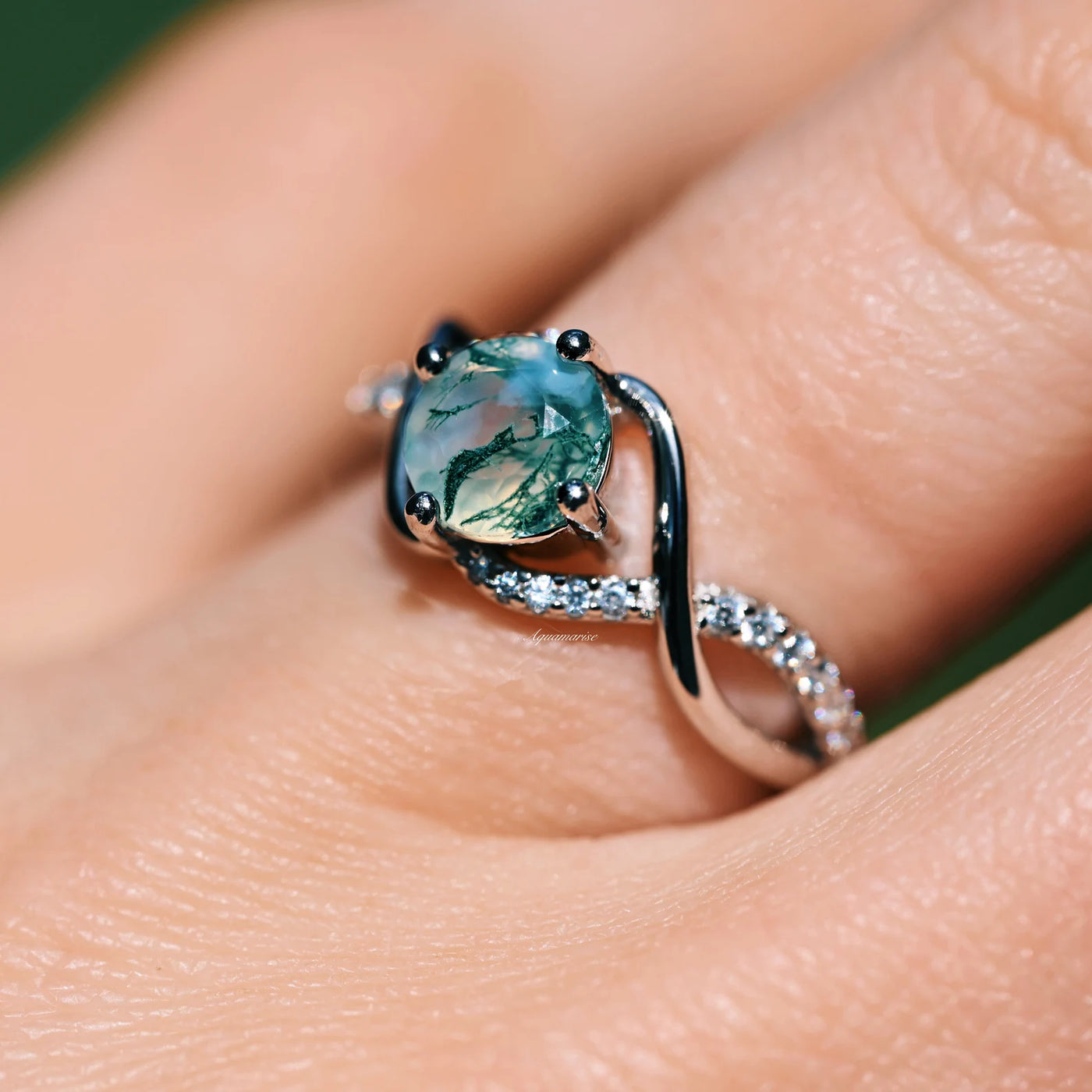 Entwined Natural Green Moss Agate Ring Sterling Silver Aquatic Agate Engagement Rings