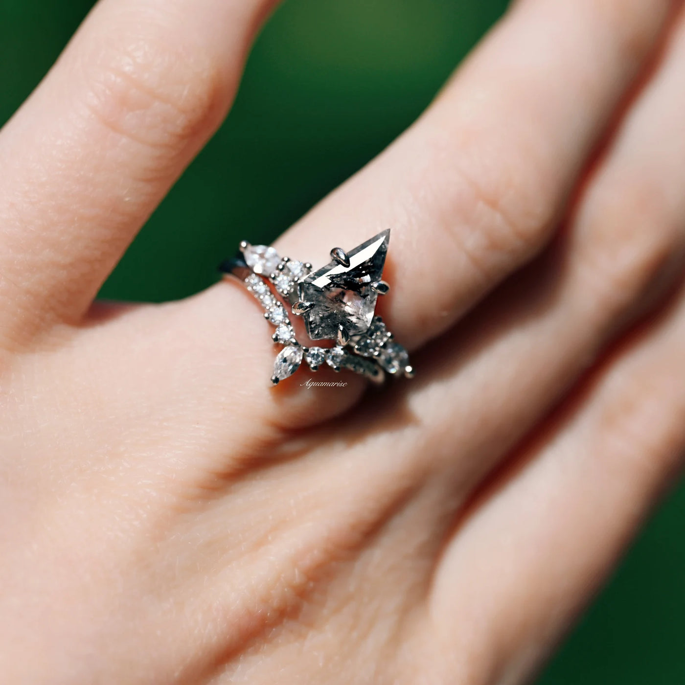 Galaxy Raw Salt and Pepper Diamond Ring- Kite Cut Diamond Engagement Ring Sets