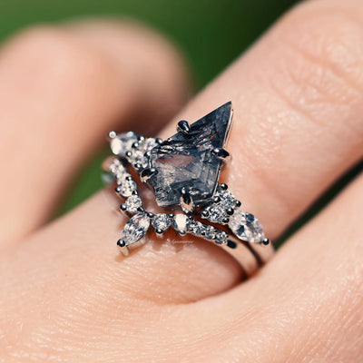 Galaxy Raw Salt and Pepper Diamond Ring- Kite Cut Diamond Engagement Ring Sets