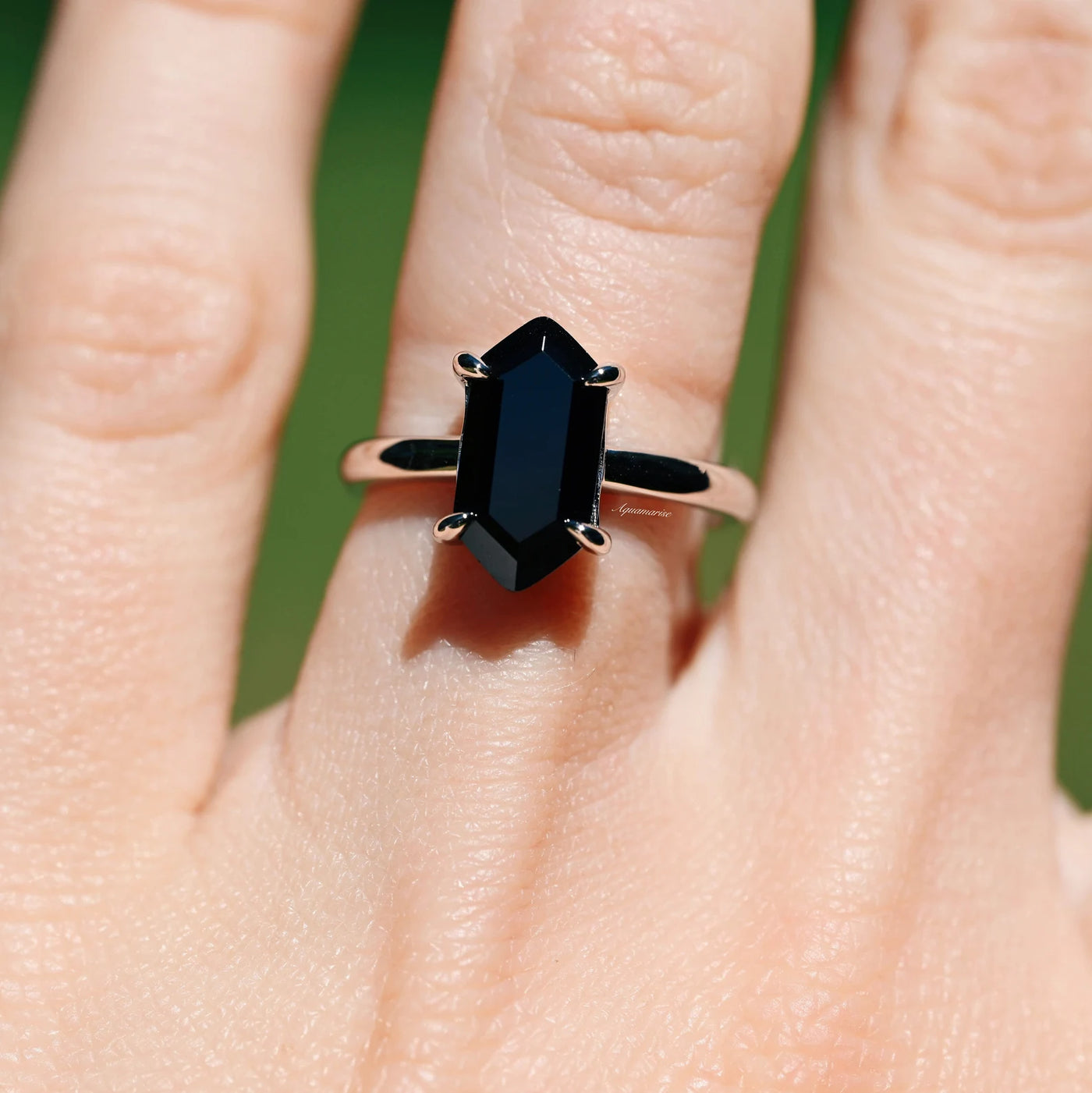 Hexagon Black Diamond Ring Set Unique Black Onyx Engagement Rings
