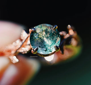 Natural Moss Agate Leaf Ring- 14K Rose Gold Vermeil