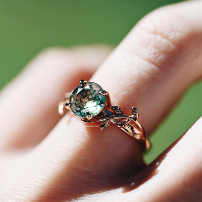 Natural Moss Agate Engagement Ring For Women- Alternative Engagement Ring Nature Inspired Leaf Ring