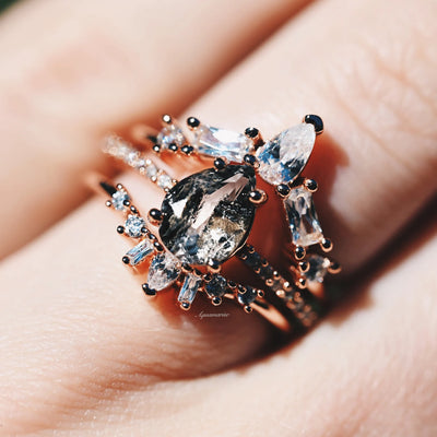 Galaxy Raw Salt and Pepper Diamond Ring Set- Teardrop Diamond Engagement Ring Sets