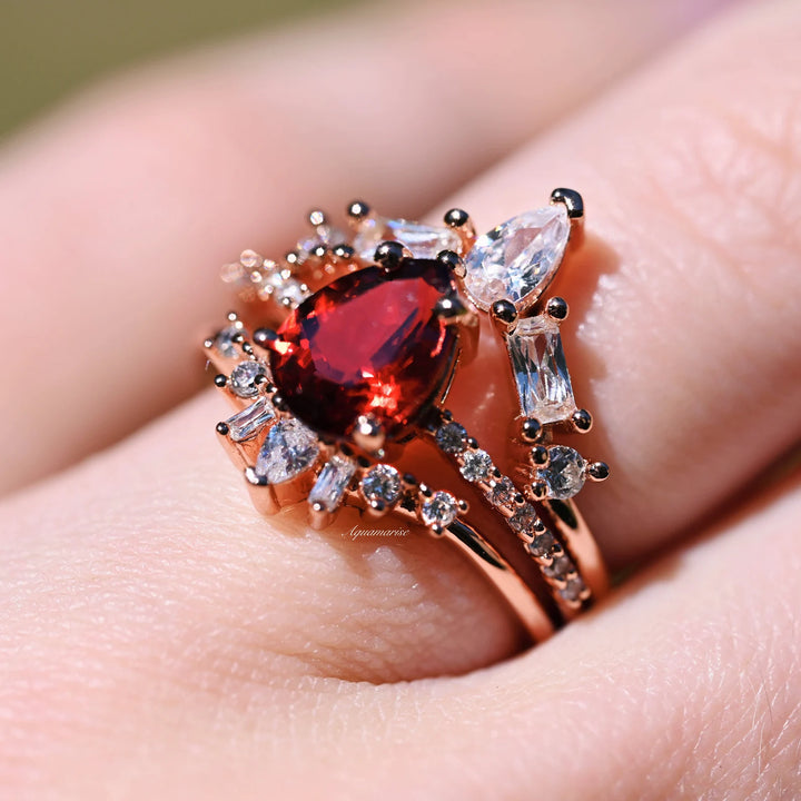 Natural Garnet 3pcs Ring Set- 14K Rose Gold Vermeil