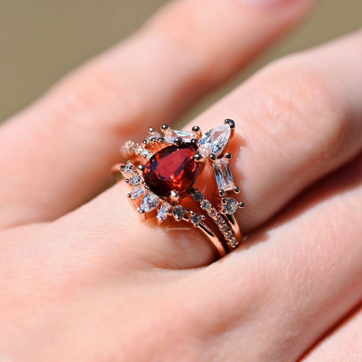 Natural Garnet 3pcs Ring Set- 14K Rose Gold Vermeil