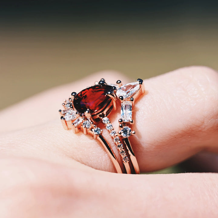 Natural Garnet 3pcs Ring Set- 14K Rose Gold Vermeil