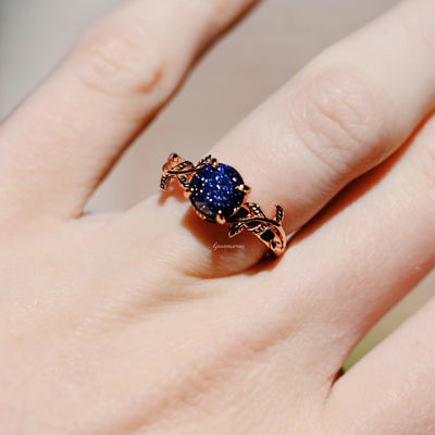Galaxy Sandstone Ring- Blue Sandstone Leaf Engagement Ring- Nebula Ring 14K Rose Gold Vermeil