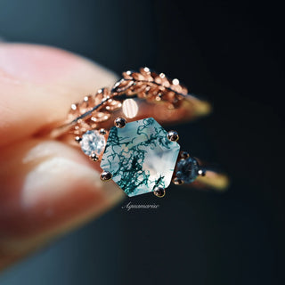 Natural Hexagon Moss Agate Engagement Ring Set- 14K Rose Gold Vermeil