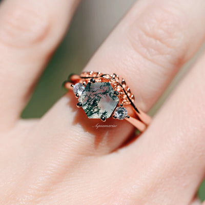 Natural Moss Agate Engagement Ring Set For Woman- Hexagon Cut Alternative Engagement Ring