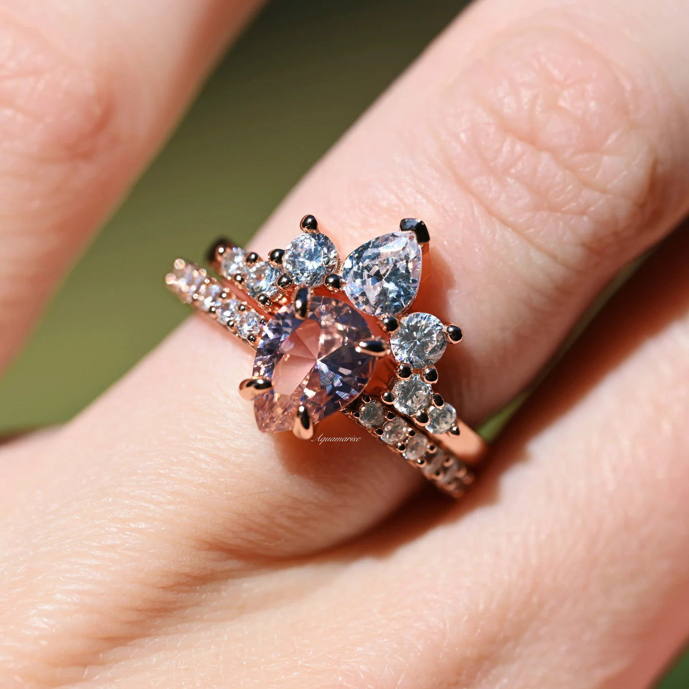 Teardrop Morganite Ring Set- 14K Rose Gold Vermeil- Vintage Unique Engagement Rings For Women