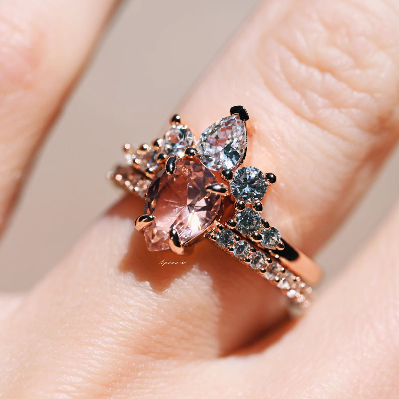 Teardrop Morganite Ring Set- 14K Rose Gold Vermeil- Vintage Unique Engagement Rings For Women