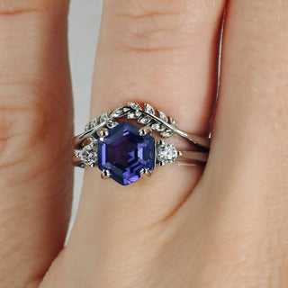 Hexagon Tanzanite Leaf Ring Set in Sterling Silver