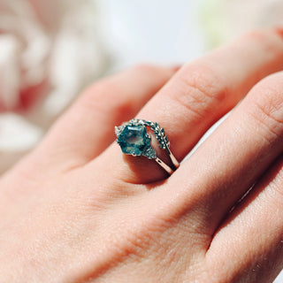 Hexagon Moss Agate Fairy Ring Set in Sterling Silver