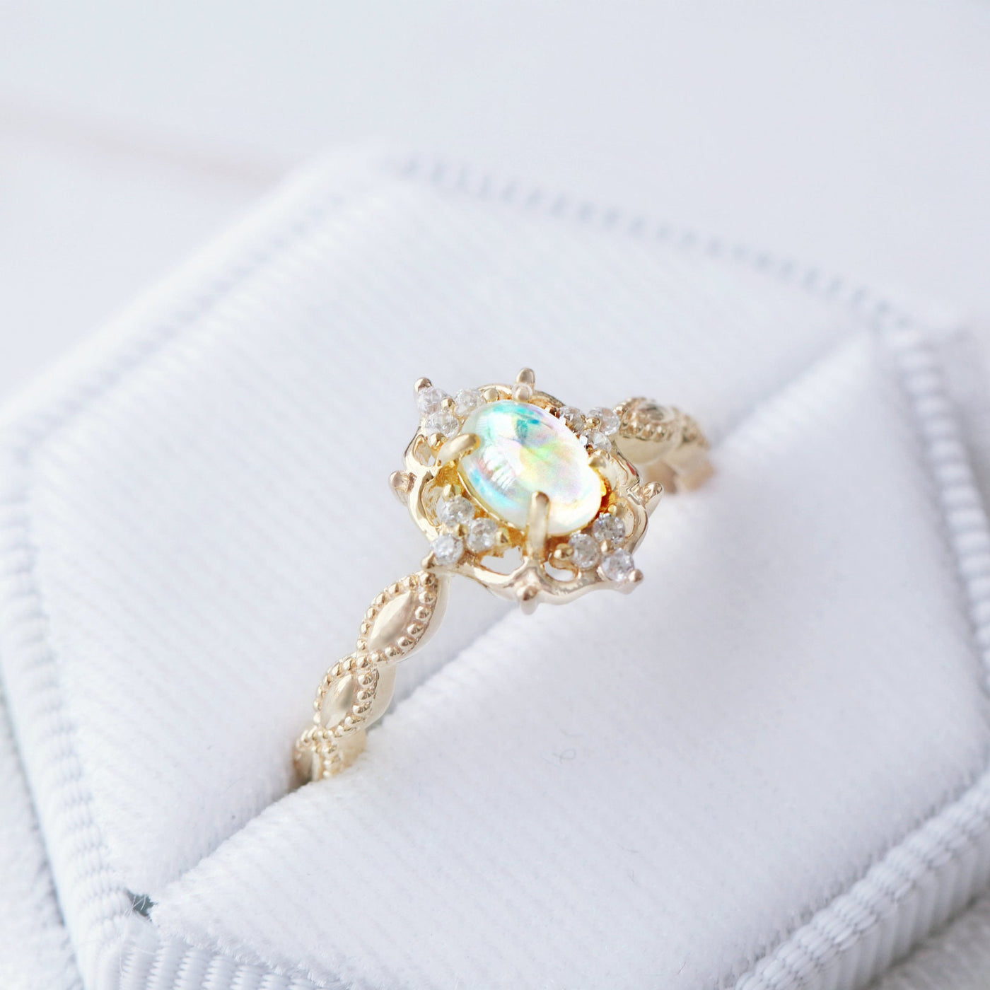 Claire Natural Australian Opal Engagement Ring- 10K 14K 18K Solid Gold